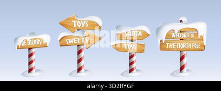 Wooden signboard set with north pole direction arrows and snow for Christmas decoration or winter holiday design. Santa, toys and sweets signs on candy cane striped posts. Festive navigation markers Stock Vector