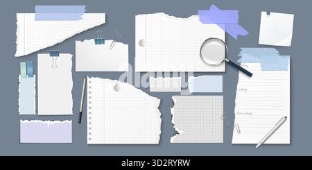 Torn scrapbook papers with notebook pages for collage design - grid sheets, blank cards with clips, magnifying glass and blue tape pieces. Office stationery set with ripped edges, pushpin and pencil Stock Vector