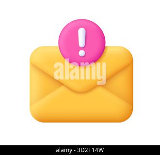 Yellow envelope with notification, white exclamation mark on pink circle button. Email alert, warning notification and urgent message concept. 3d vect Stock Vector
