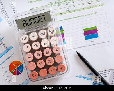 Calculator showing budget on a financial statement with charts, graphs, and a pen, emphasizing financial planning and analysis Stock Photo