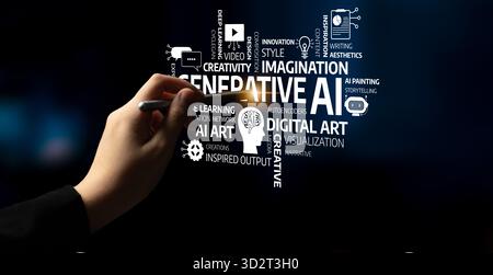 A hand grips a pen, crafting concepts of generative AI. This image explores the intersection of creativity and technology, illustrating modern digital Stock Photo