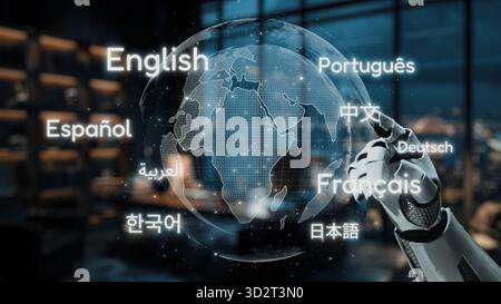 This image showcases a high-tech office space featuring a digital globe with diverse languages, symbolizing advanced communication and technology inte Stock Photo