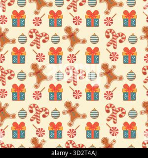 Christmas pattern with gingerbread cookies, candy canes, gifts, and festive ornaments vector Stock Vector