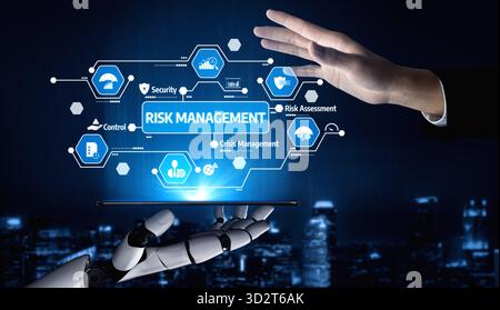 A futuristic scene illustrating the concept of risk management, featuring a robotic arm and a human hand engaging with digital icons and technology in Stock Photo