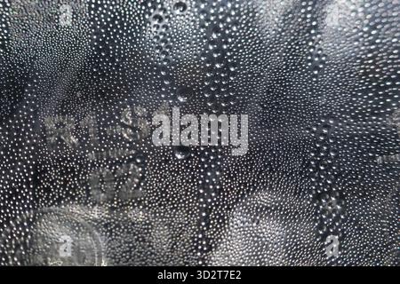Close up of many small water droplet from condensation on dark glass window surface. moody and calm abstract background with wet texture from steam an Stock Photo