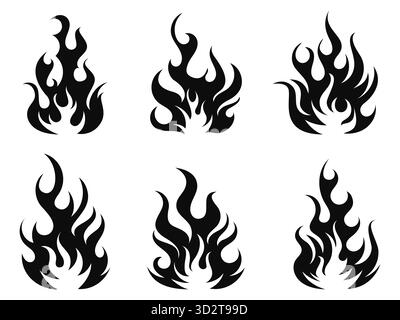 Flame silhouettes in classic style. Set of black vector fire silhouettes on white background Stock Vector