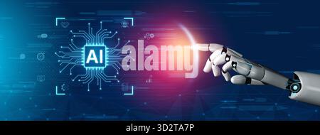 A generative AI assistant displays its integration platform. The system's core processor automates business processes like chatbot services and contra Stock Photo