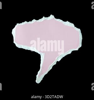 Isolated piece light pink cardboard paper torn into shape speech bubble. Edges rough and distressed showcasing white paper layer underneath pink givin Stock Photo