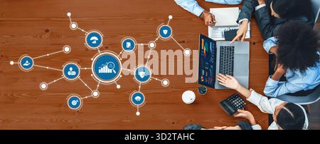 Panorama top view multiracial analyst team use BI dashboard display on laptop screen, analyzing financial data for strategic decision. Fintech analyze Stock Photo