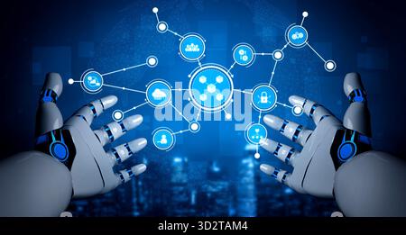 This image features robotic hands reaching out to digital connections, symbolizing futuristic technology and innovation in data and network systems. P Stock Photo