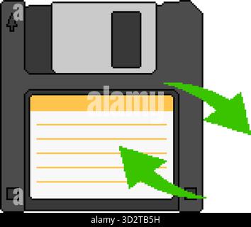 Pixel art floppy disk with rotating arrows. Stock Vector