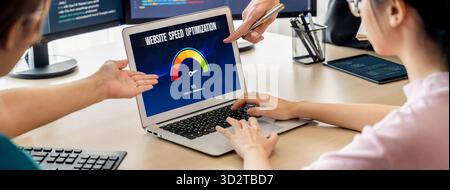 Computer software evaluating website loading speed. Concept of improving website loading speed brisk. Stock Photo