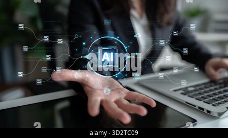 An AI-powered system for automating data workflows. The central intelligence processes and distributes information, managing complex data pipelines as Stock Photo