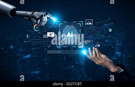 A generative AI assistant showcases its creative platform. The interface allows users to enter prompts to generate images, chat with the AI, and visua Stock Photo