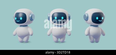 3D set robot, AI icon featuring cute chatbot character in futuristic digital style. Smart tech mascot for virtual assistant, innovation, and Stock Vector