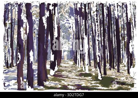 Sketch-style impressionnist painting,Rows of trees,Pine plantation,Digital illustration vector image Stock Vector