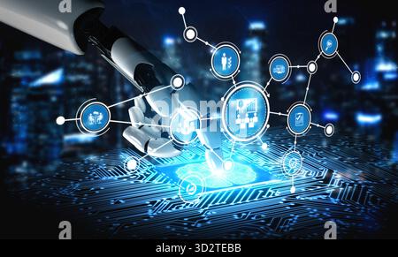 A robotic hand reaches out to a glowing digital interface, symbolizing advanced technology and data interaction against a futuristic cityscape backdro Stock Photo
