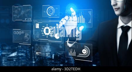 AI reading big data visualization dashboard, analyzing insights, identifying patterns, and generating strategic decisions through automated data inter Stock Photo