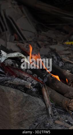 wood burning in the fireplace Stock Photo