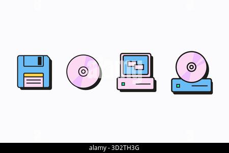 Retro floppy disk, compact disc, computer monitor, and CD drive icons. Minimal tech nostalgia design for digital interfaces. Flat Style Vector Stock Vector