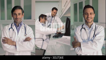 Collage view two doctors posing and working together in clinic Stock Photo