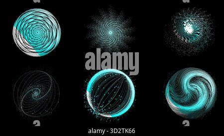 Blue neural spiral with particle field and curved motion on black background Stock Vector