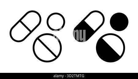 Black and white illustration featuring various pills and capsules ideal for representing medical and healthcare themes in visual designs. Stock Vector