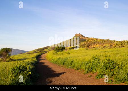 Curving dirt trail through lush hillside with rocky peak and blue sky Stock Photo