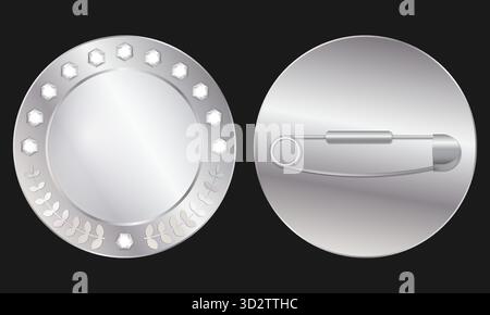 Blank Silver Badge with Gem Accents and Leaf Engraving – Front and Back View with Pin Mechanism. Vector illustration, EPS10 Stock Vector