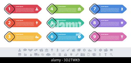 Infographic design business concept vector illustration with 9 steps or options or processes represent work flow or diagram or web button banner Stock Vector