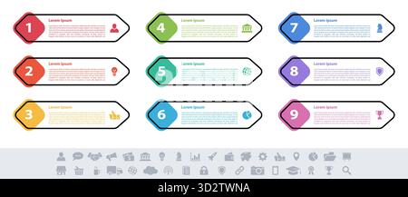 Infographic design business concept vector illustration with 9 steps or options or processes represent work flow or diagram or web button banner Stock Vector