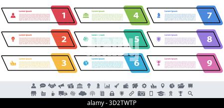 Infographic design business concept vector illustration with 9 steps or options or processes represent work flow or diagram or web button banner Stock Vector