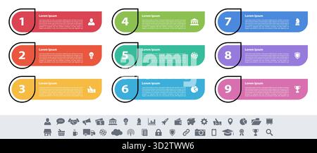 Infographic design business concept vector illustration with 9 steps or options or processes represent work flow or diagram or web button banner Stock Vector