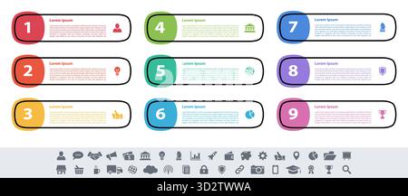 Infographic design business concept vector illustration with 9 steps or options or processes represent work flow or diagram or web button banner Stock Vector