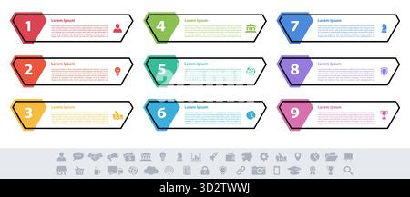 Infographic design business concept vector illustration with 9 steps or options or processes represent work flow or diagram or web button banner Stock Vector