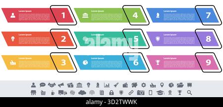 Infographic design business concept vector illustration with 9 steps or options or processes represent work flow or diagram or web button banner Stock Vector