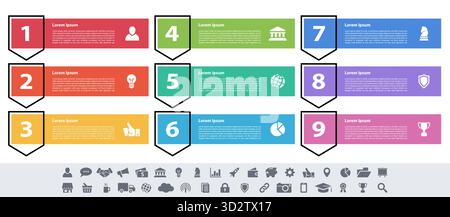 Infographic design business concept vector illustration with 9 steps or options or processes represent work flow or diagram or web button banner Stock Vector