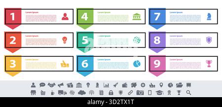 Infographic design business concept vector illustration with 9 steps or options or processes represent work flow or diagram or web button banner Stock Vector