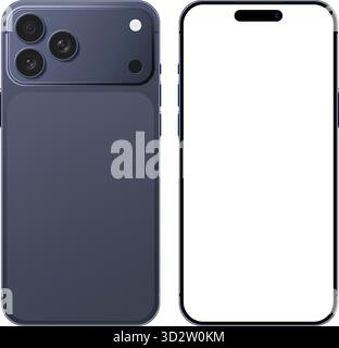 Mobile phone blue color device mockup template in front and back angle for advertisement. Smartphone blank display layout vector illustration Stock Vector