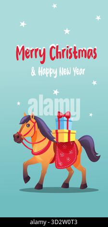 A cute brown horse illustration with a festive Christmas theme Stock Vector