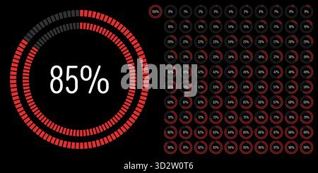Set of circle percentage progress bar diagrams meters from 0 to 100 ready-to-use for web design, user interface UI or infographic - indicator with red Stock Vector