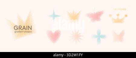 Grain gradient shapes. Y2k dot noise colorful figures set. Crown, butterfly flower dots gradation airbrush elements. Vector grainy texture shapes with Stock Vector