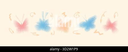 Y2K butterfly noise gradient pattern. Grain gradation flying dot airbrush spray shapes with arrows. Designed for nostalgic and contemporary posters. V Stock Vector