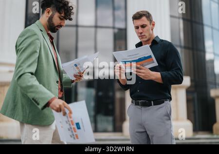 Two men review documents outside a modern office building, discussing charts and plans Stock Photo