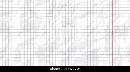 Crumpled grid paper blank. White math page background. Notepad or school paper sheet. Vector horizontal binder checkerboard folded pattern. Craft diar Stock Vector