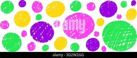 Circle colorful neon figures by crayon set. Polka dots marker stencils shapes pack. Vector hand drawn kids ellipse and round elements collection illus Stock Vector