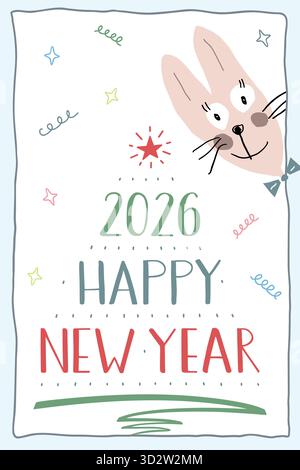 Happy New Year 2026 Greeting Card. Cute, funny bunny peeks out from the corner. Hand lettering forms the shape of a Christmas tree. Stock Vector