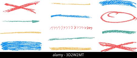 Underline crayon drawn set. Pencil brush stroke lines. Hand drawn kid textured straight stripe, emphasis freehand elements. Arrow, scribble colorfull Stock Vector