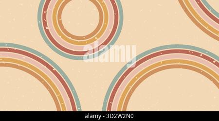 Boho rainbow rounded lines noise textured background. Wide banner with colorful oval stripes abstract pattern. Vector vintage curved underline geometr Stock Vector