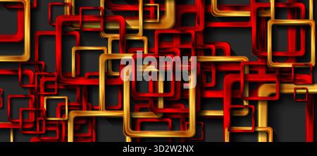 Golden and red glossy metallic squares abstract technology background. Geometric concept vector design Stock Vector